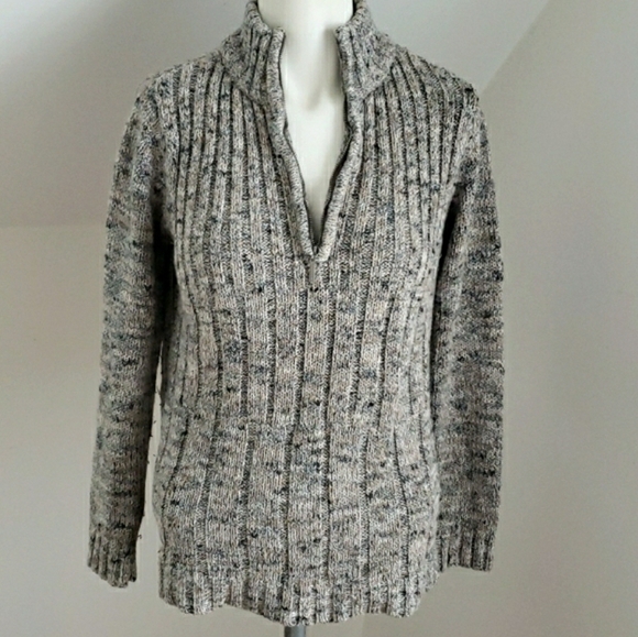 Liz Claiborne Ribbed Marbled Tan & Gray Knit 1/4 Zip Sweater, Size M - Picture 4 of 16